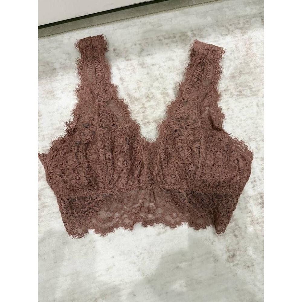 NWT Aerie Real Good Eyelash Lace Padded Plunge Bralette Mauve Brown L 1697-3177